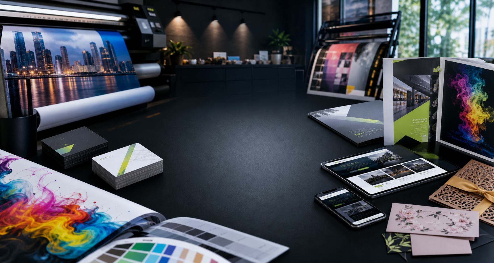 Estudio creativo con impresiones, papelería, diseño y pantallas web